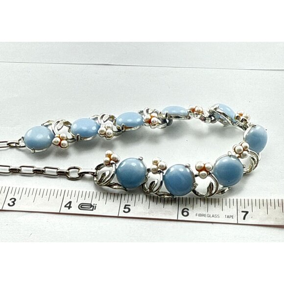 Vintage Blue Moonglow Bead & Faux Pearl Necklace Earrings Set Silver Tone Floral - Picture 10 of 10
